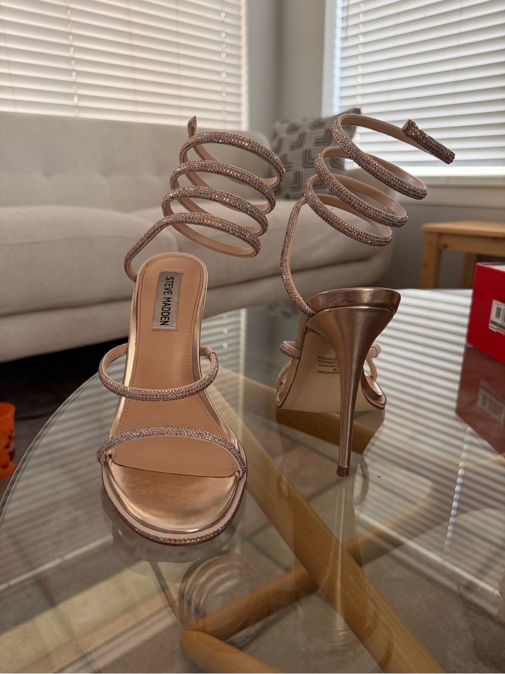 Steve Madden Metallic Rose Gold Spiral-Ankle Stiletto Sandals